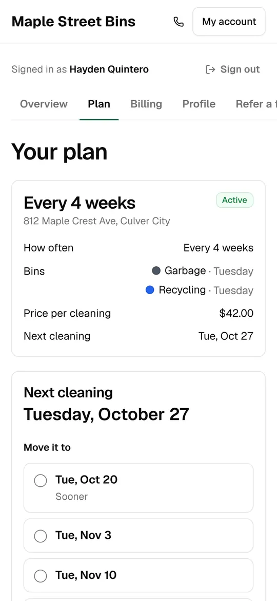 Moving the next cleaning to another trash day from the customer’s account