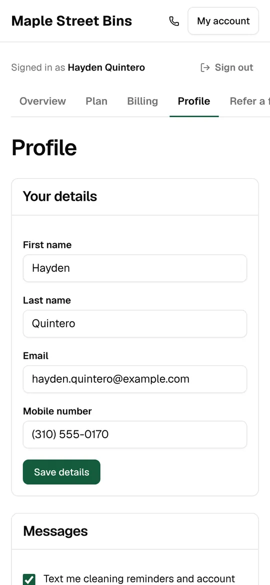 The customer’s profile with contact details and text preferences
