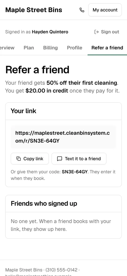 Refer a friend: 50% off for the friend and $20 credit, with the link and a text button