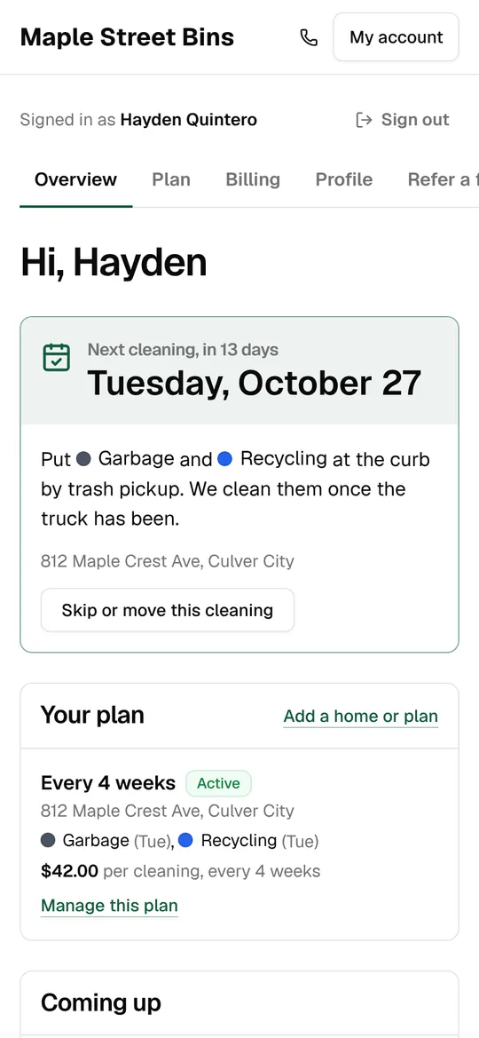 A customer’s account: next cleaning Tuesday, October 27, which bins to put out, and their plan