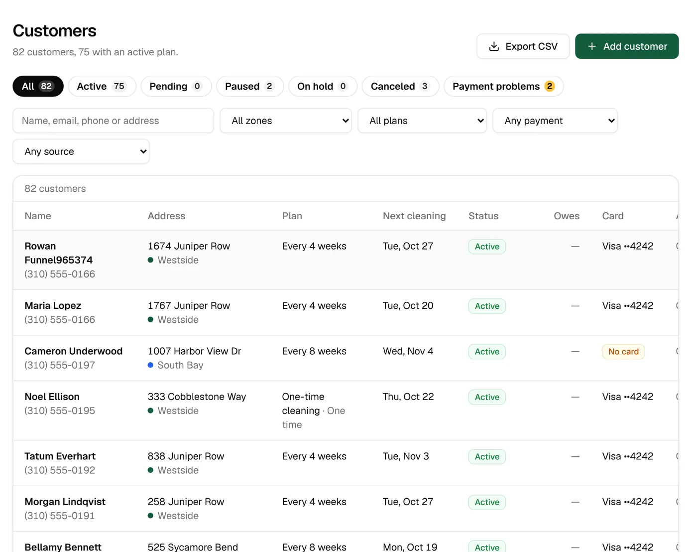 The customer list with status filters, search and each customer’s plan, next cleaning and card