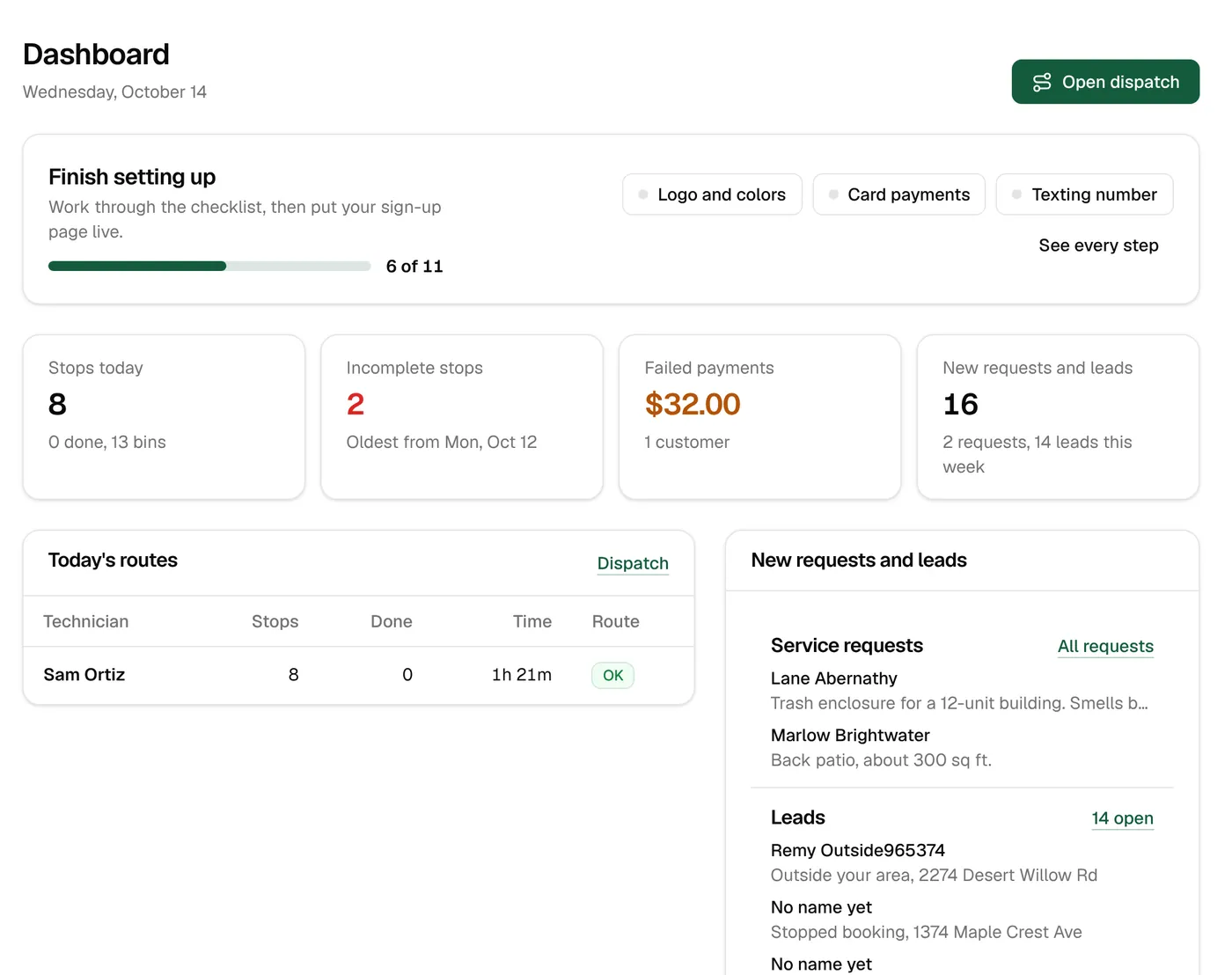 The dashboard: stops today, open stops, failed payments, new requests and today’s routes