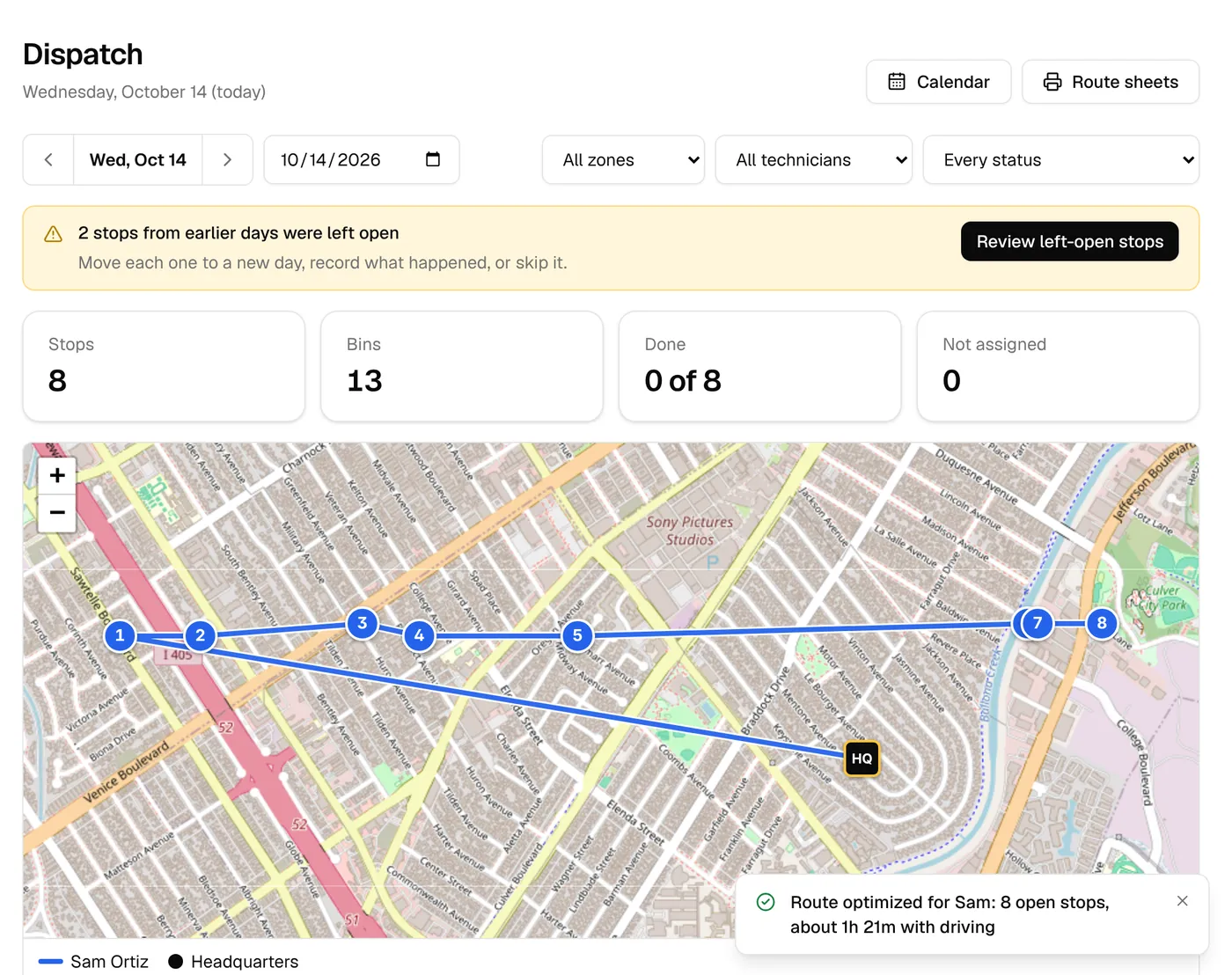 Dispatch: today’s stops, bins and done count above a map with the route drawn from the yard