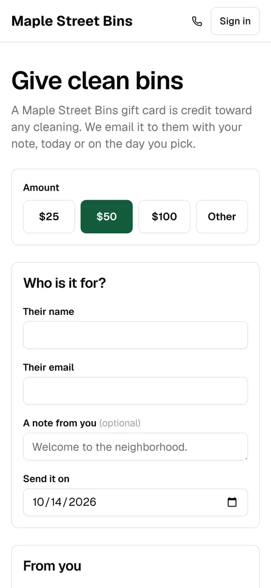 Buying a gift card: amount, who it’s for, a note and the day to send it