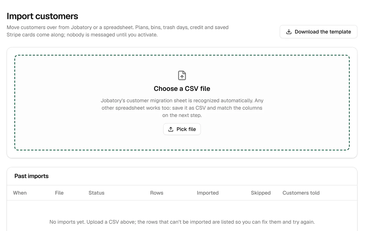 Import customers: pick a CSV file; Jobatory’s sheet is recognized automatically