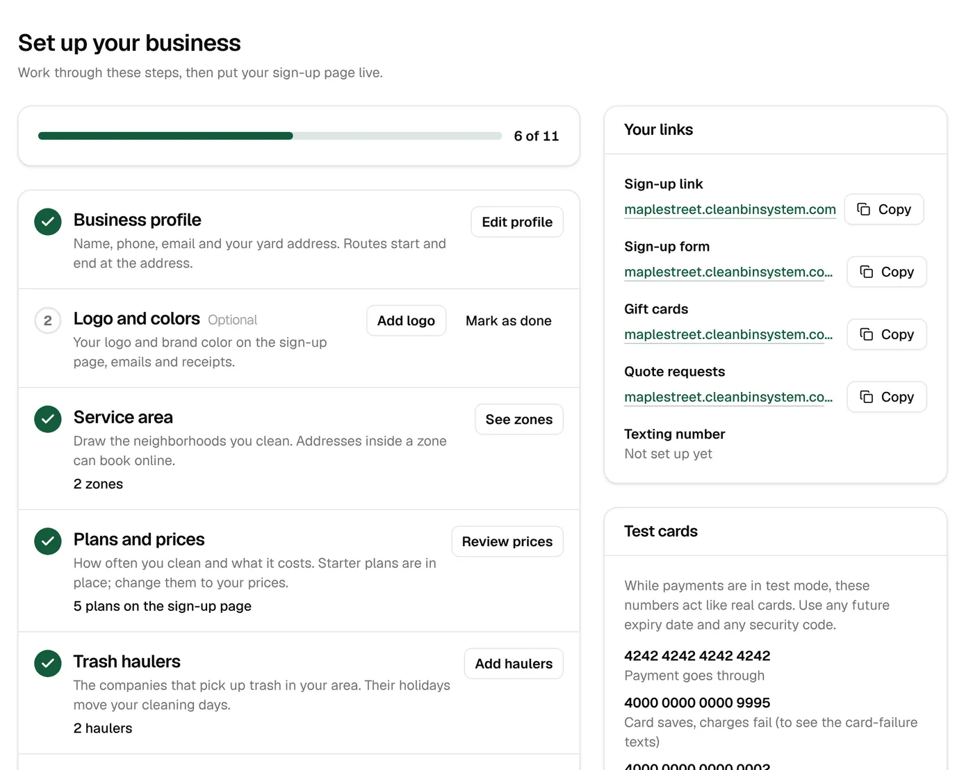 The setup checklist with progress, steps done, and the business’s links