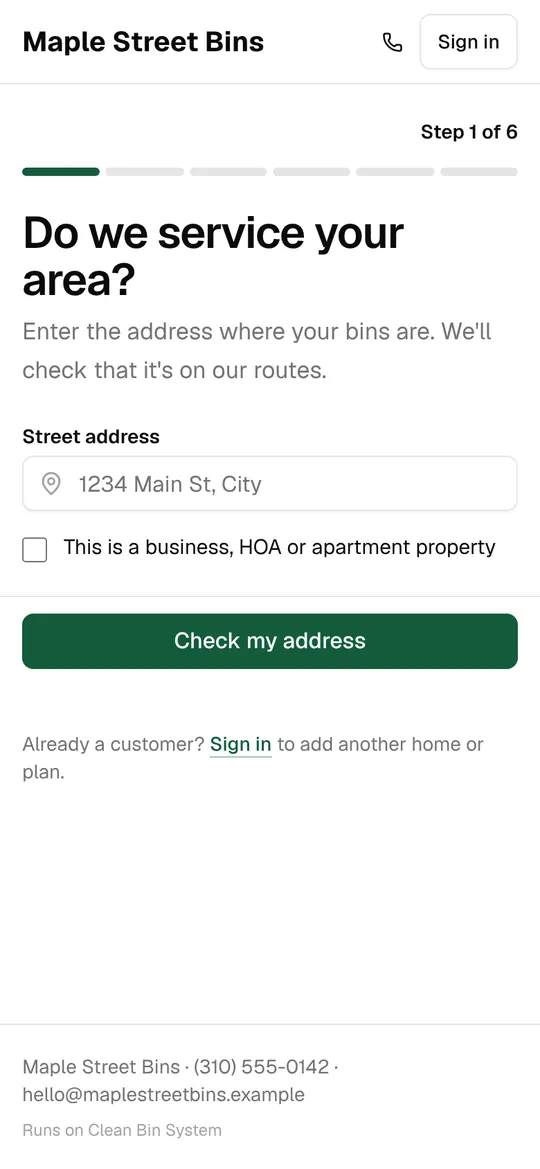 A sign-up page on a phone asking “Do we service your area?”