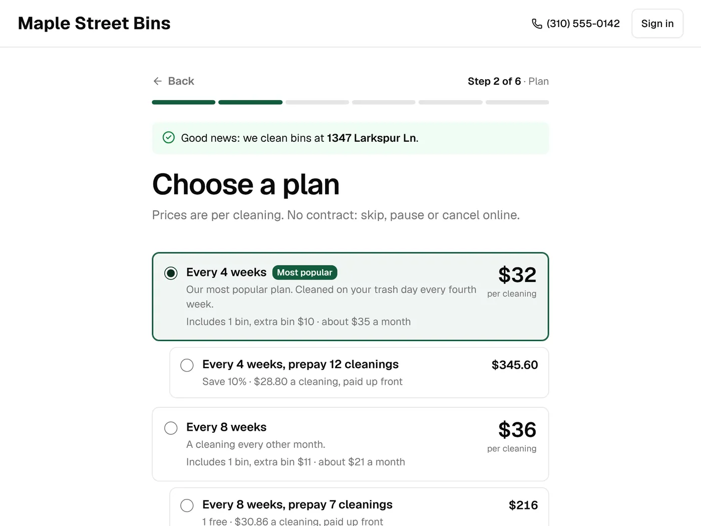 A sign-up page on a computer: choosing a plan after the address check