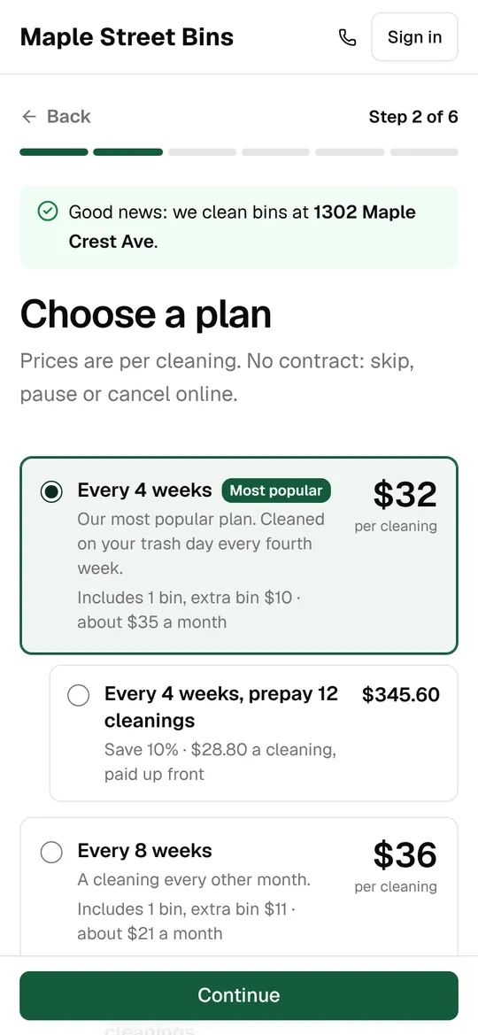 Choosing a plan: every 4 weeks marked most popular, a prepaid option and every 8 weeks