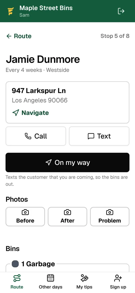 A stop in the driver app: address, call, text, On my way, photos and bins