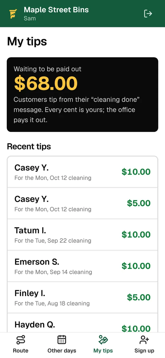 A technician’s tips: $68 waiting to be paid out and recent tips by customer