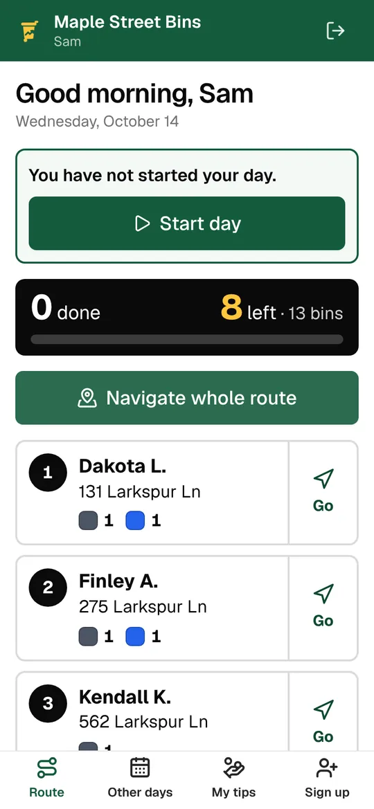 The driver app: today’s stops in order with Start day and Navigate whole route