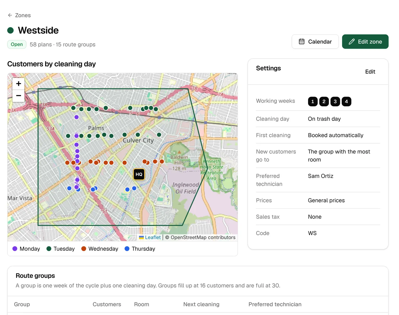A zone page: customers on a map colored by cleaning day, with the zone’s settings