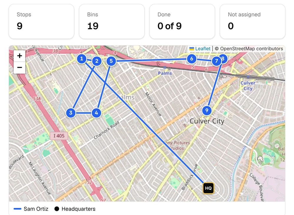 Dispatch in the back office: nine stops on today’s route, drawn on a map