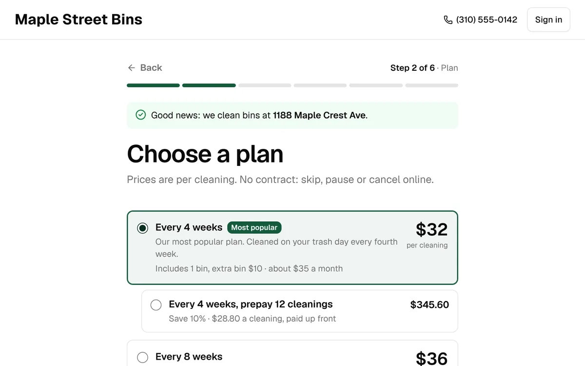 Choosing a plan on a business’s sign-up page, on a computer