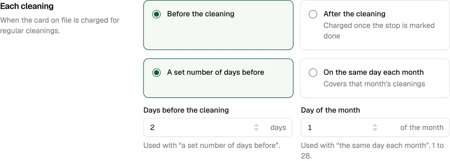 Billing settings, Each cleaning: Before the cleaning and A set number of days before are chosen, with 2 days before the cleaning