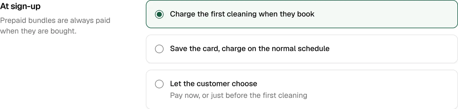 Billing settings, At sign-up: Charge the first cleaning when they book is chosen, above Save the card and Let the customer choose
