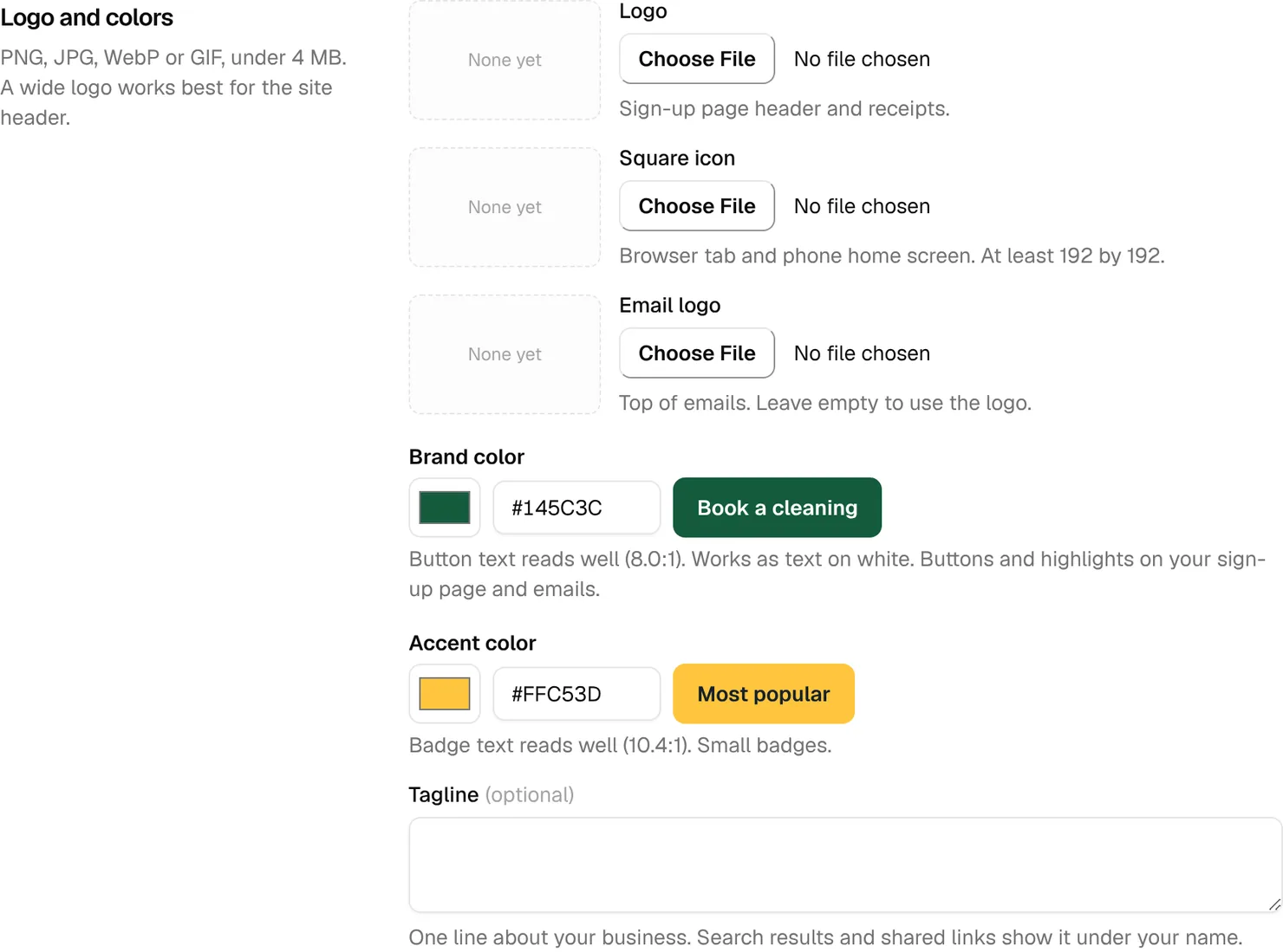 The Logo and colors section with no logo yet, the default green brand color, the yellow accent color and an empty tagline