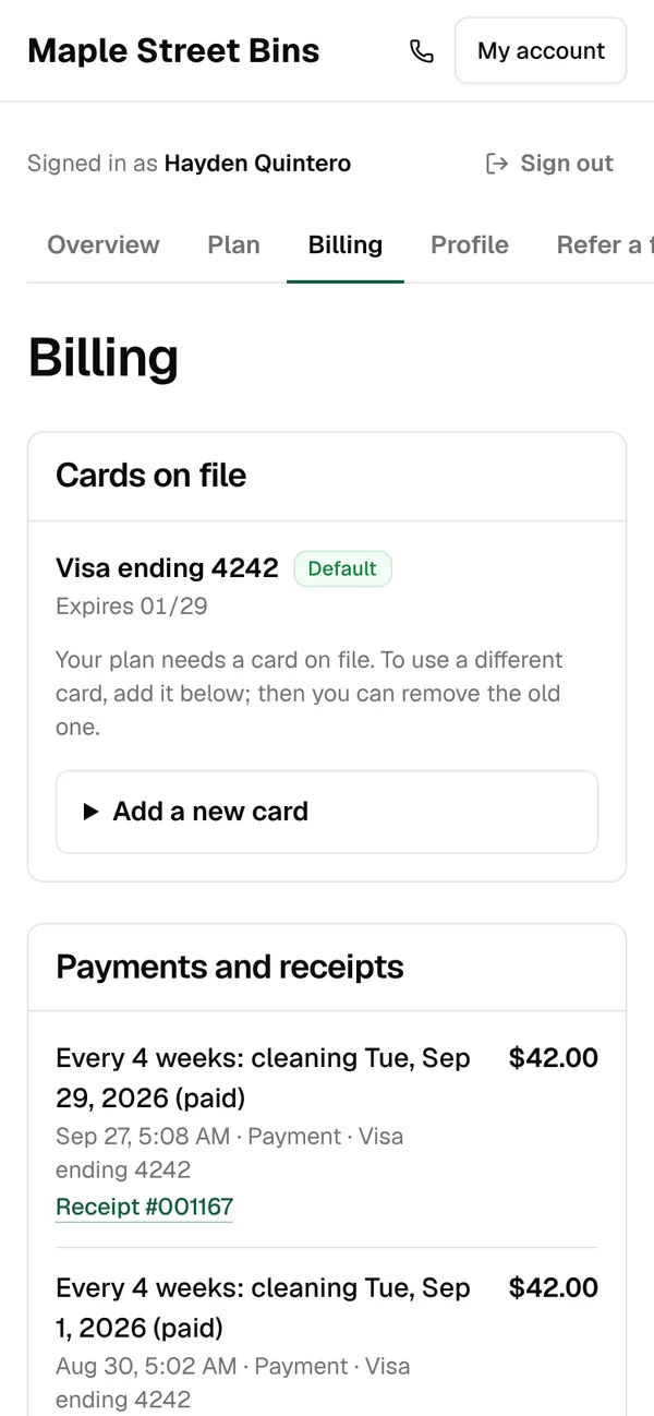 The Billing tab with a Visa ending 4242 as the default card and two paid cleanings with receipts