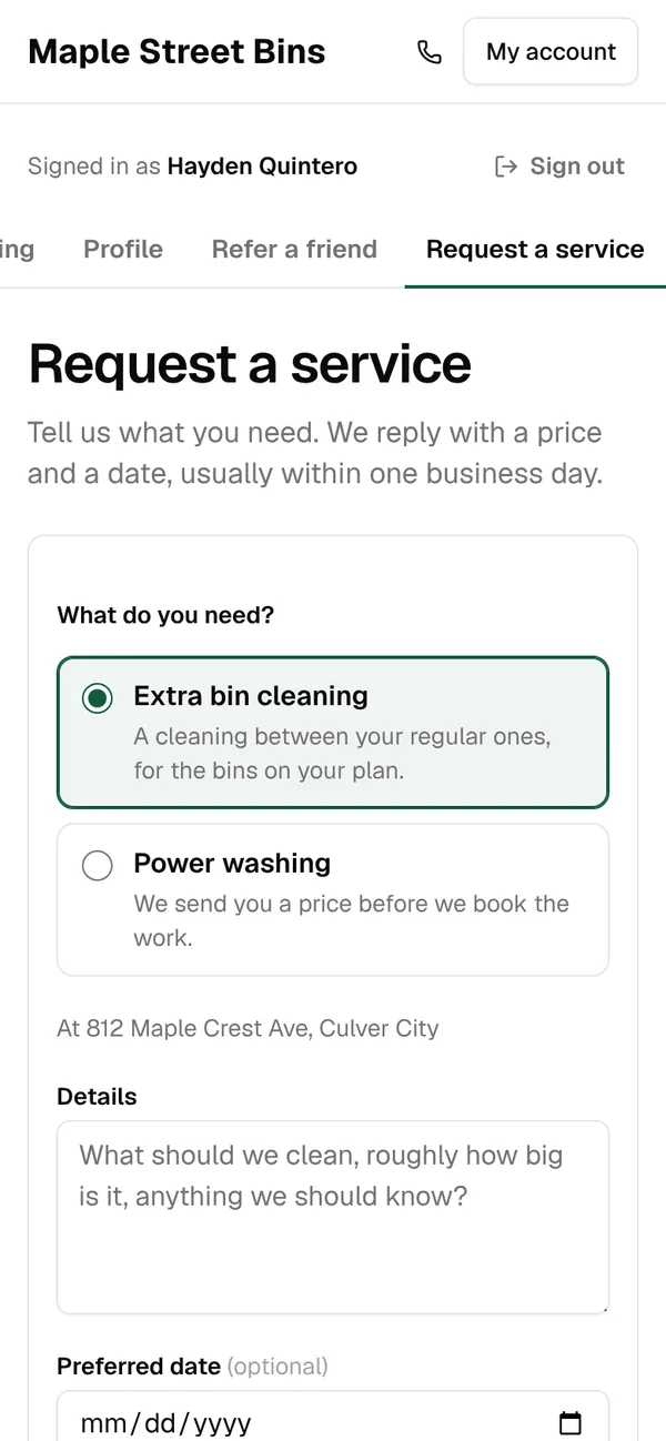 A customer’s Request a service tab with Extra bin cleaning and Power washing to choose from
