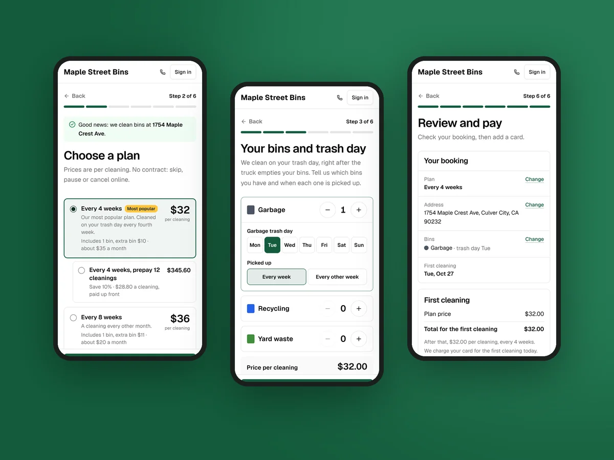 Three steps of signing up on a phone: choosing a plan, bins and trash day, and paying