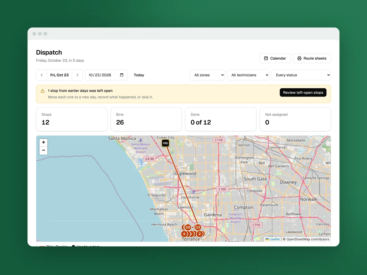 A day’s route on the map in Clean Bin System’s dispatch page