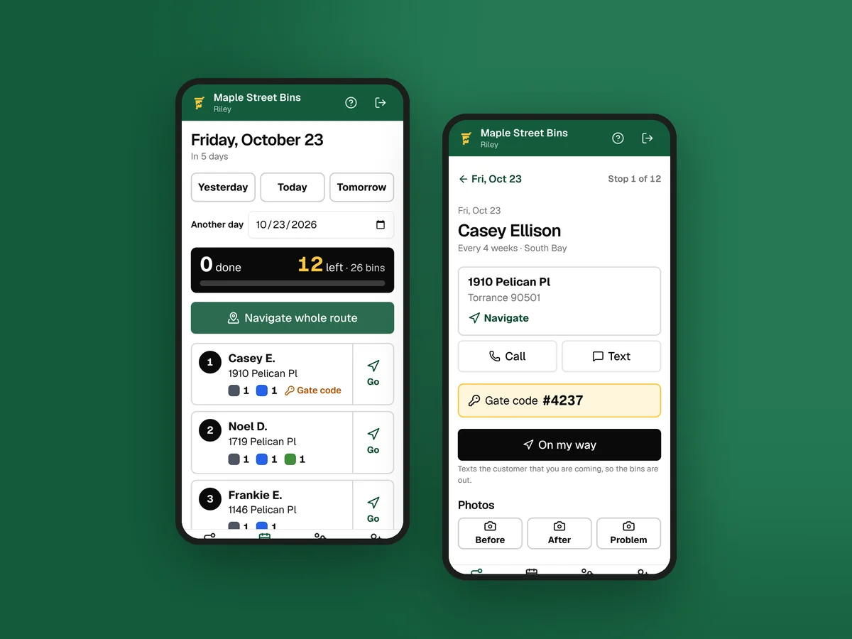 The driver app on two phones: the day’s route and one stop