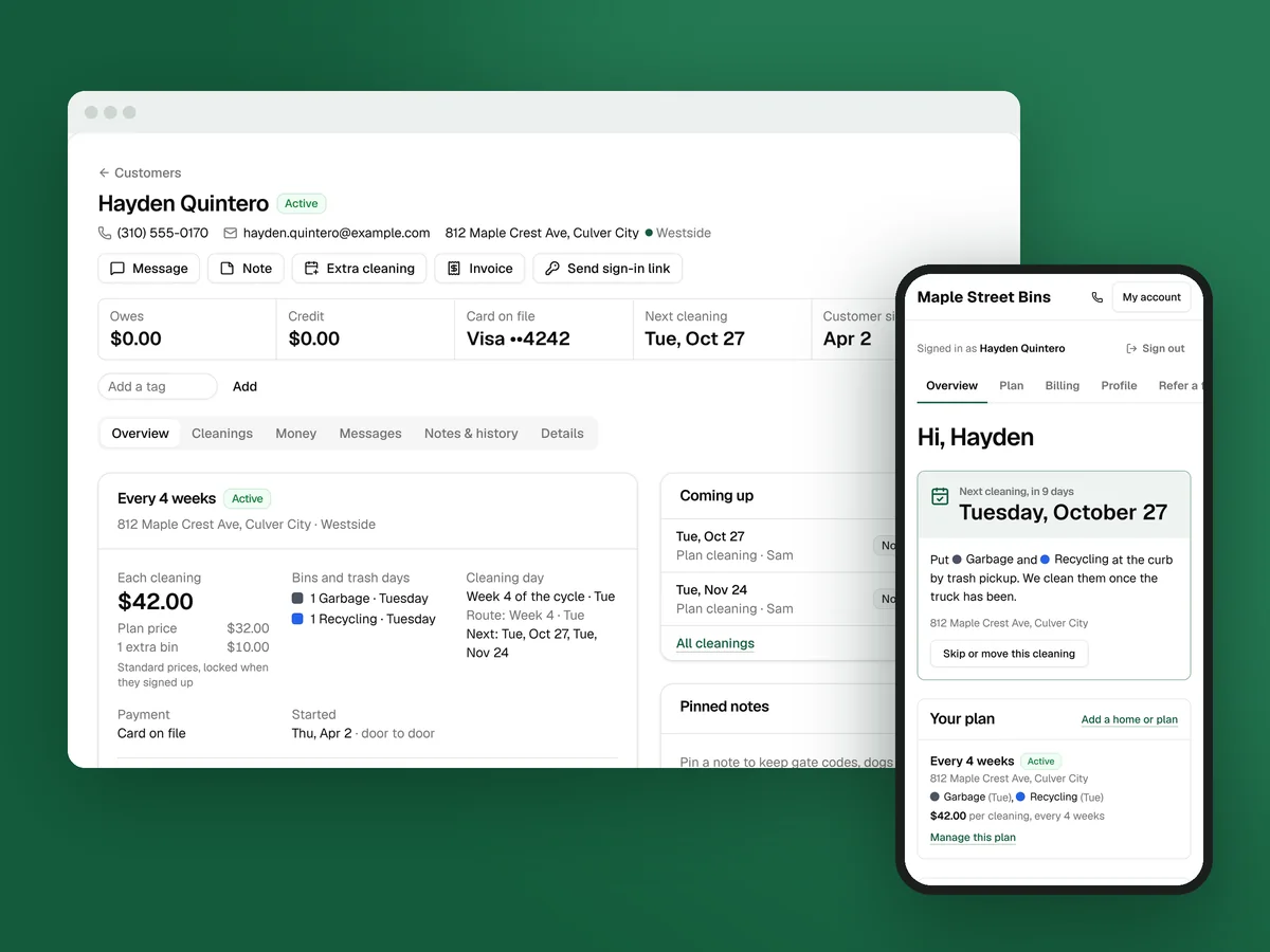 A customer’s page in Clean Bin System and the customer’s own account on a phone