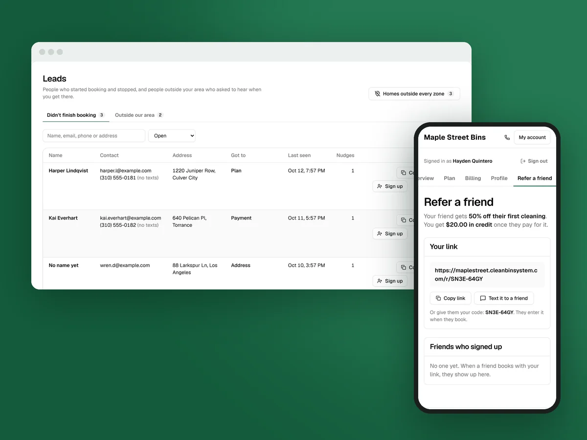 The Leads page and a customer’s refer-a-friend link on a phone