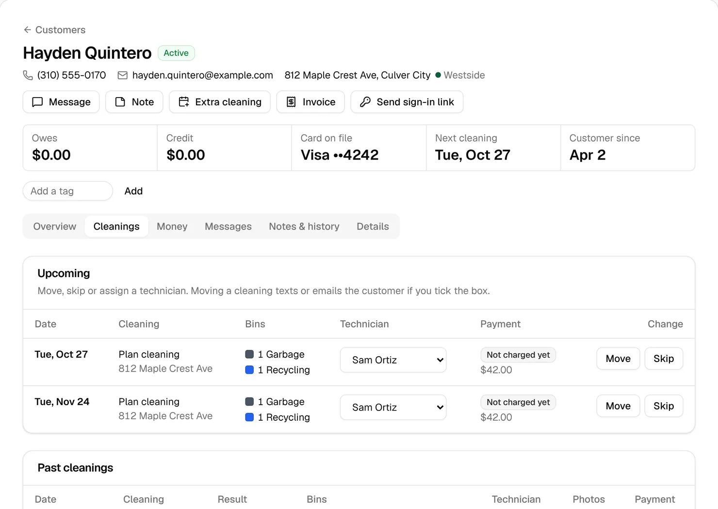 The Cleanings tab for Hayden Quintero: two upcoming plan cleanings on Tuesdays with Sam Ortiz as technician, $42.00 not charged yet, and Move and Skip on each