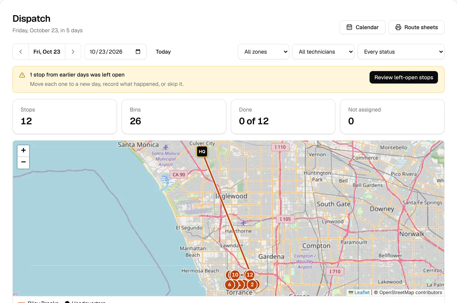 Dispatch for Friday, October 23 in the sample business: 12 stops and 26 bins, one route on the map from HQ to Torrance, and a notice that 1 stop from an earlier day was left open