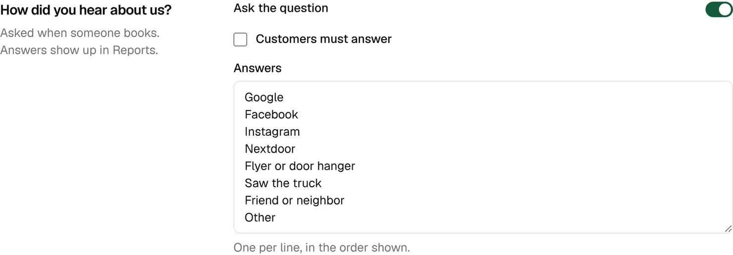 How did you hear about us? settings with Ask the question on and eight answers from Google to Other