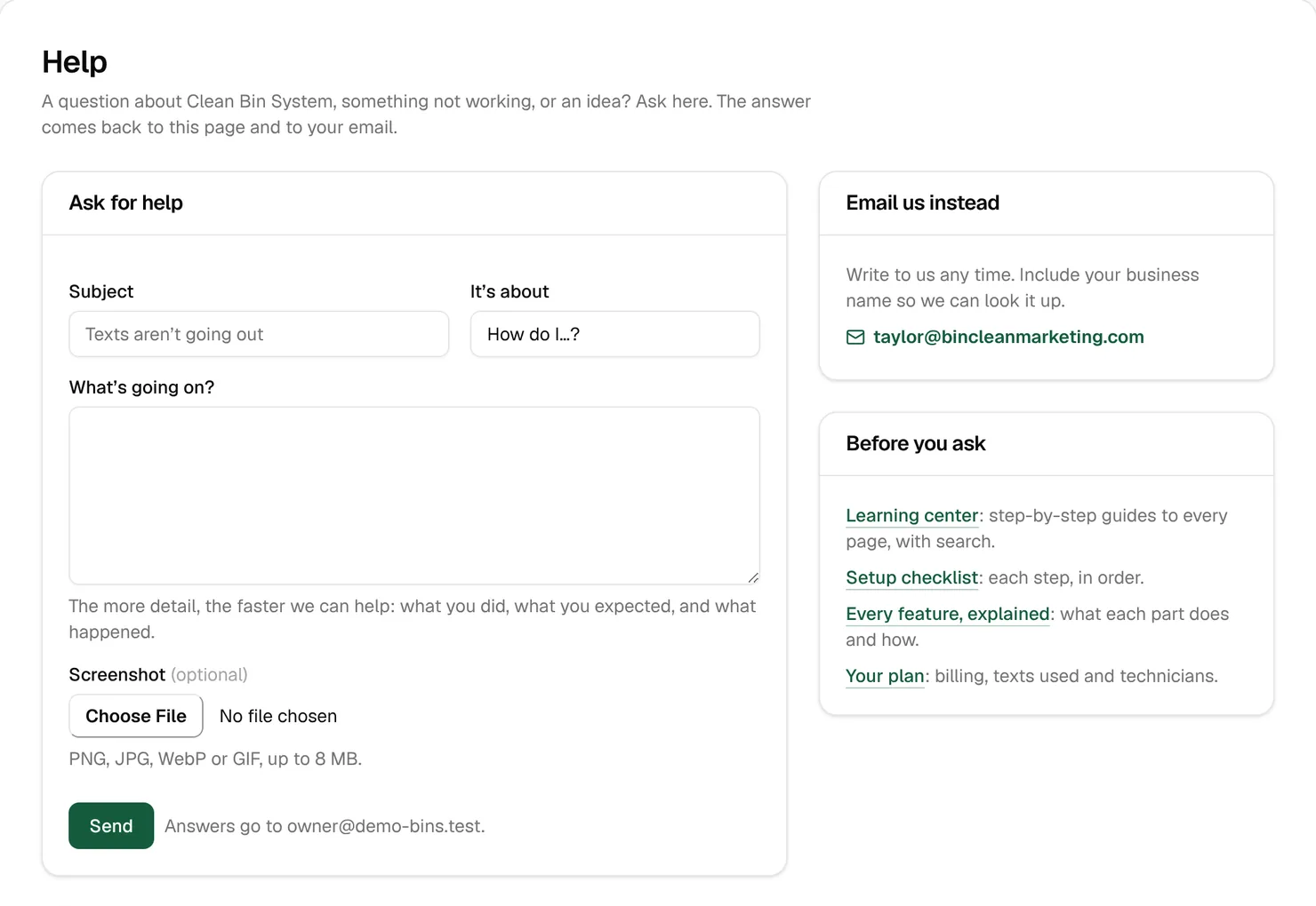 The Help page with the Ask for help form, an email address for support, and links to check before you ask