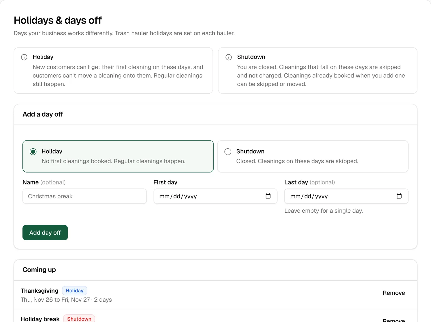 The Holidays & days off page: the Holiday and Shutdown kinds explained, the Add a day off form, and Thanksgiving and a holiday-break shutdown coming up