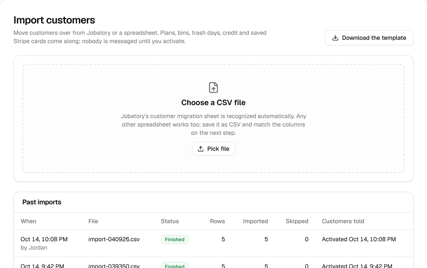 The Import customers page with a box to choose a CSV file and a list of past imports
