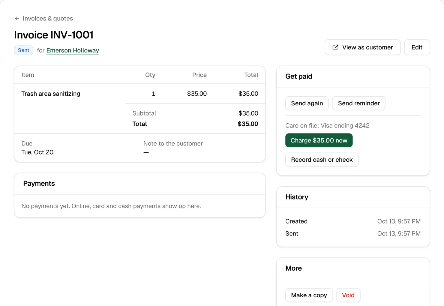 Invoice INV-1001 for $35.00, sent and due Tuesday, October 20, with Charge $35.00 now and Record cash or check