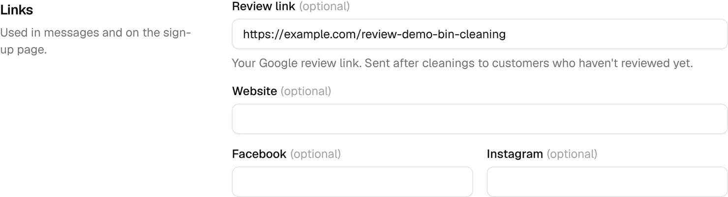 The Links section with boxes for Review link, Website, Facebook and Instagram
