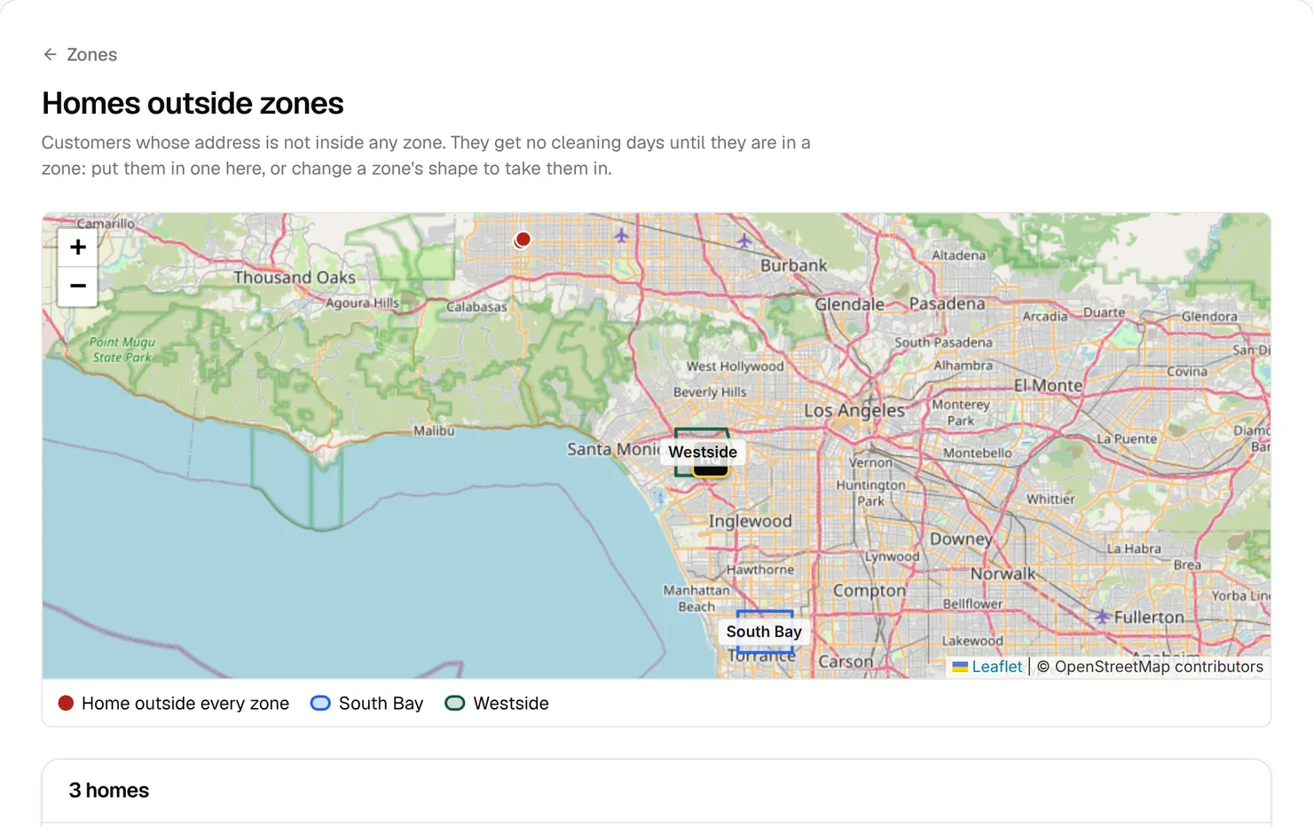 Homes outside zones: a map with one red dot north-west of the zones, over a list of 3 homes