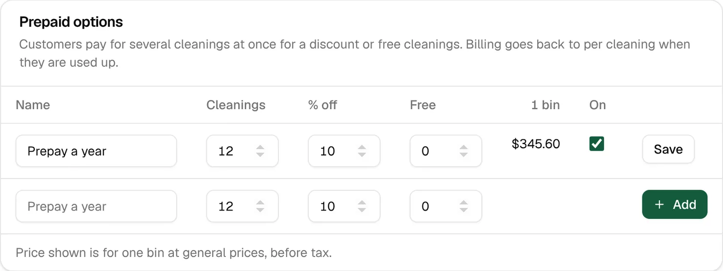 Prepaid options on a plan: Prepay a year, 12 cleanings at 10% off, $345.60 for one bin