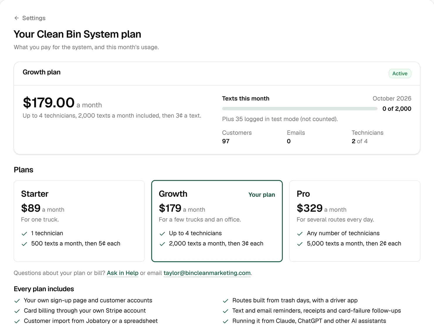 The plan page for the sample business on Growth, with this month’s texts, customers and technicians, and the three plans below