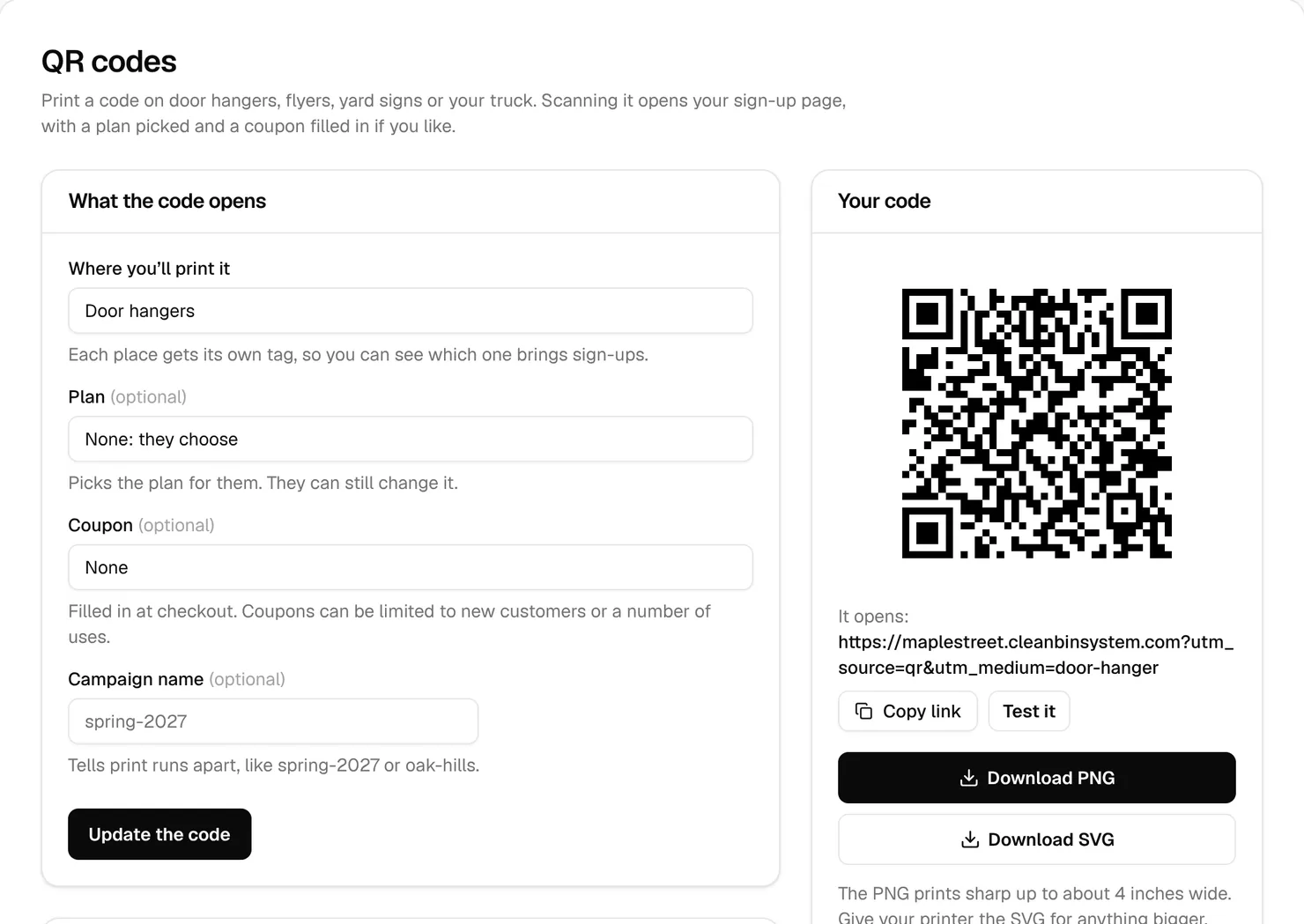 The QR codes page set to Door hangers, with the code and the sign-up link it opens beside the form