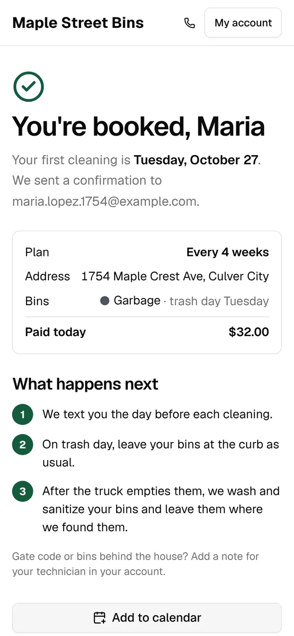 You’re booked, Maria: first cleaning Tuesday, October 27, $32.00 paid today, and what happens next