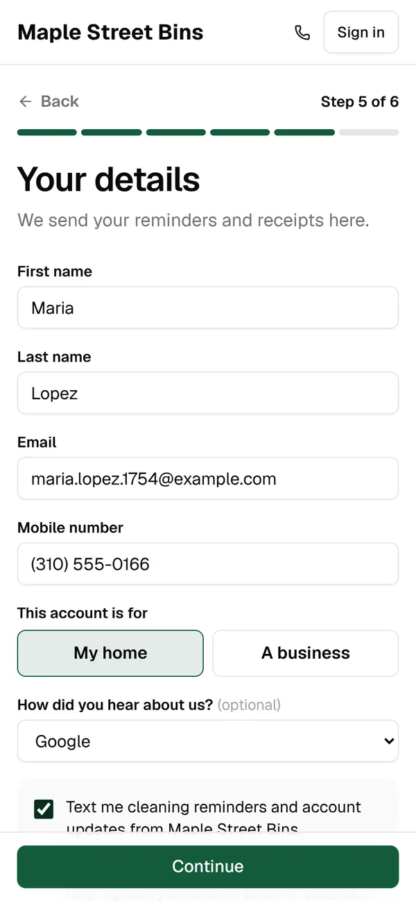 Step 5: Your details for a made-up customer, Maria Lopez, with How did you hear about us? set to Google