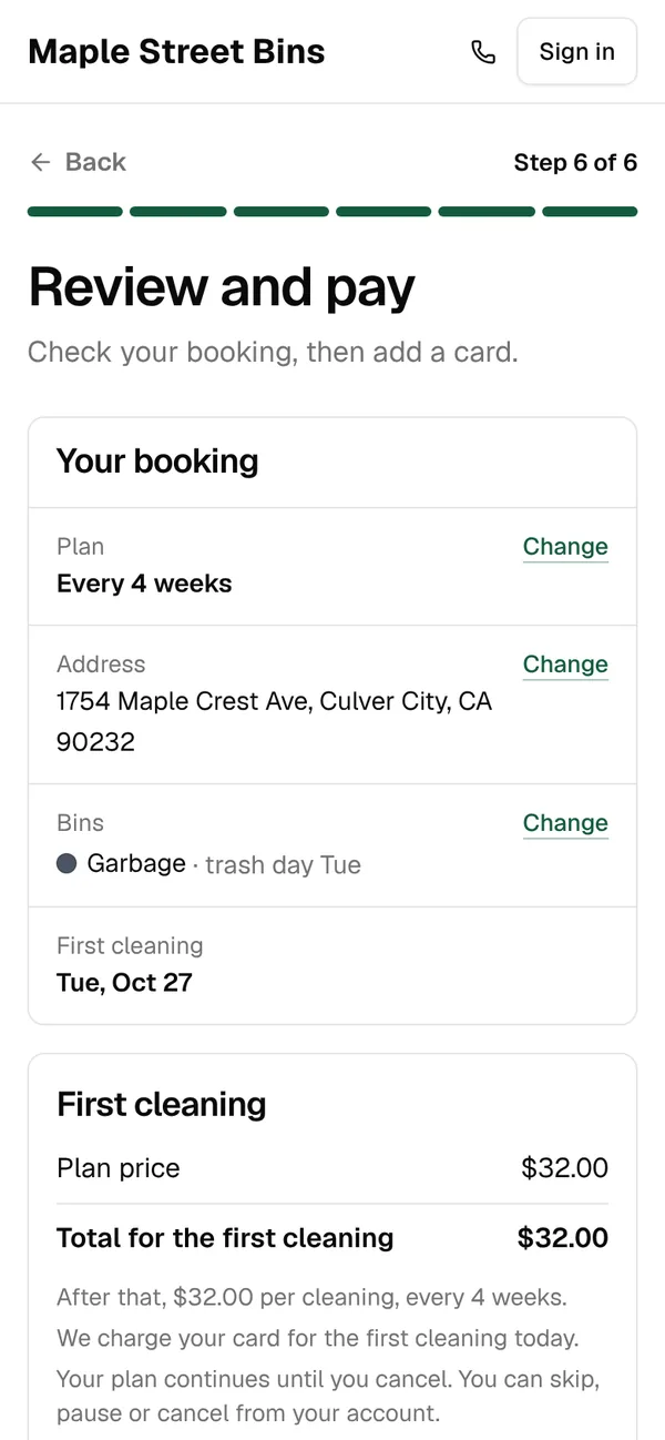 Step 6: Review and pay, with the plan, address, bins and first cleaning, and $32.00 for the first cleaning