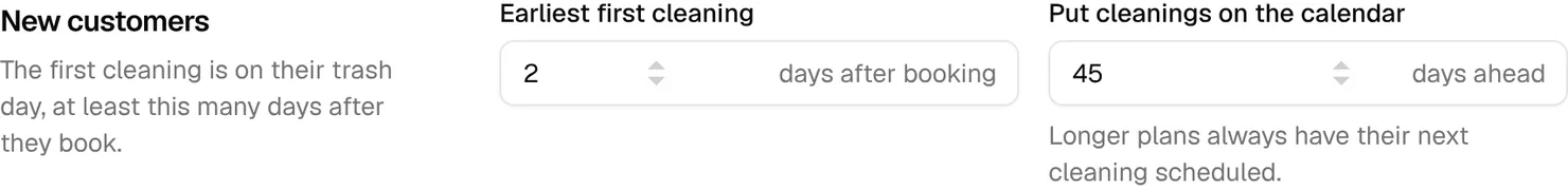 New customers: the first cleaning at least 2 days after booking, and cleanings put on the calendar 45 days ahead