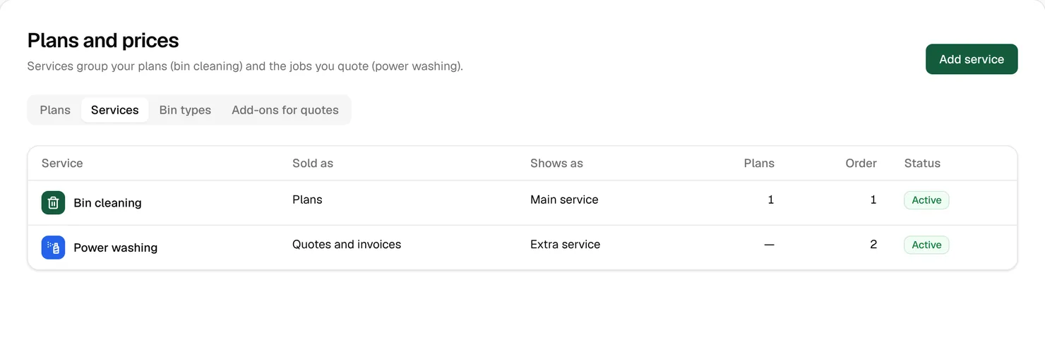 The Services tab with Bin cleaning sold as plans and Power washing sold through quotes and invoices