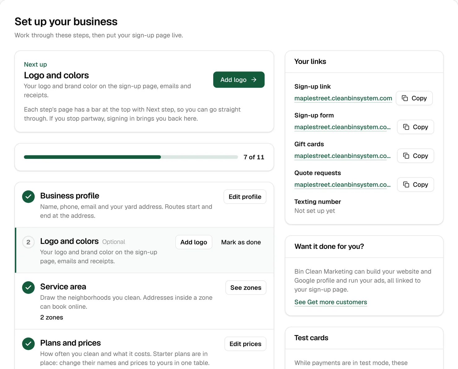 The setup checklist at 7 of 11 done, with Logo and colors as the next step and Your links on the right