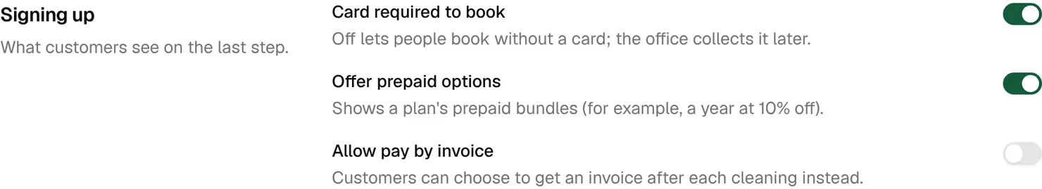The Signing up settings: Card required to book and Offer prepaid options on, Allow pay by invoice off