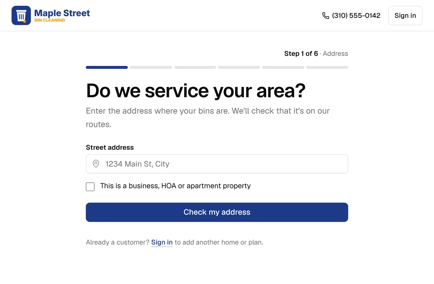 The same sign-up page styled: a logo in the header, a navy progress bar and button, and a navy Sign in link