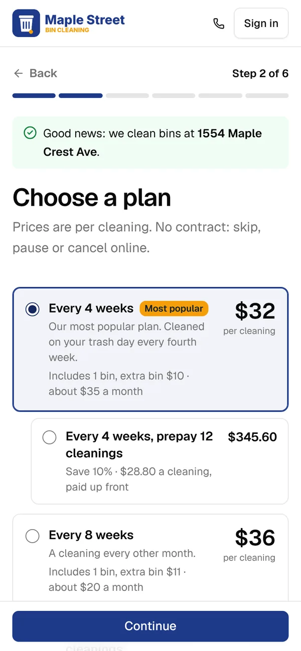 The plan step on a phone with the amber Most popular badge and a navy Continue button